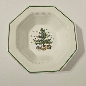 Nikko Christmastime 9" Octagon Vegetable Bowl Xmas Tree Gifts Ornaments Stars